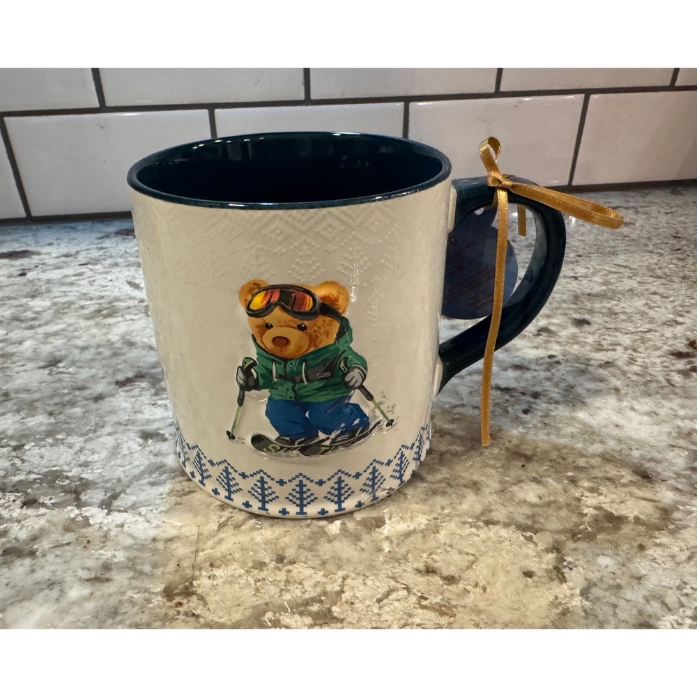 Global Design Connections Skiing Teddy Bear Ceramic Coffee Mug Navy Blue Cream